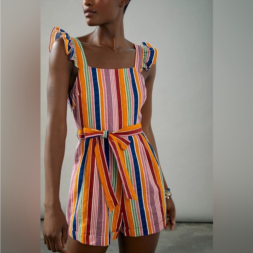 FARM Rio for Anthropologie Reyes Striped Tie Waist Romper Ruffle Details Size XS